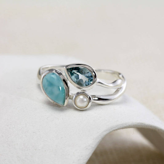 Larimar, Blue Topaz and Freshwater Pearl Trio Ring