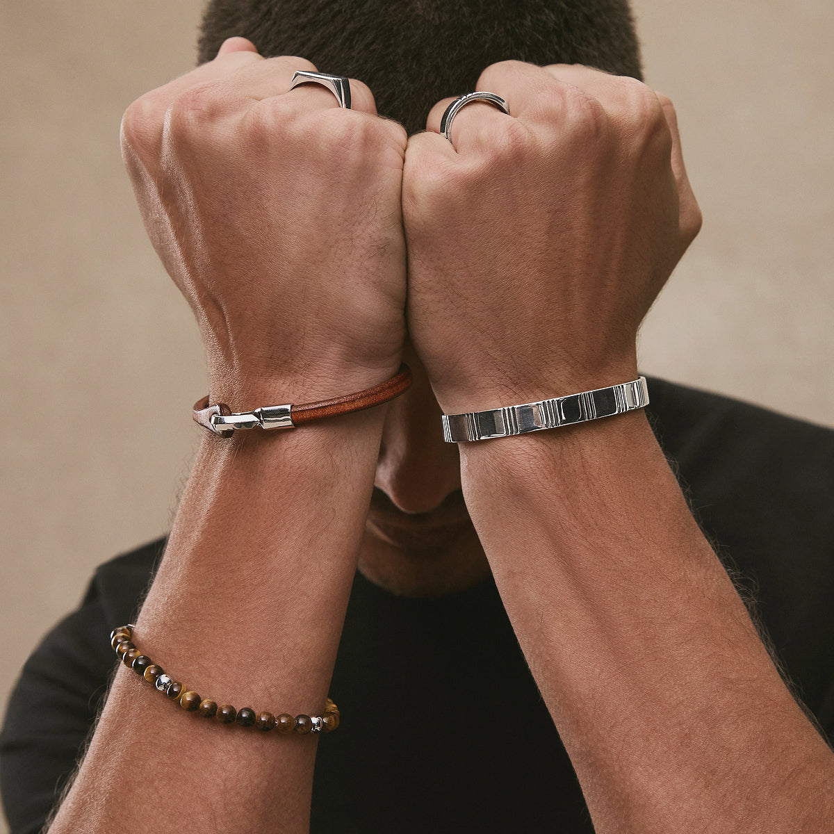 Men's Tan Leather Bracelet, Steel Clasp