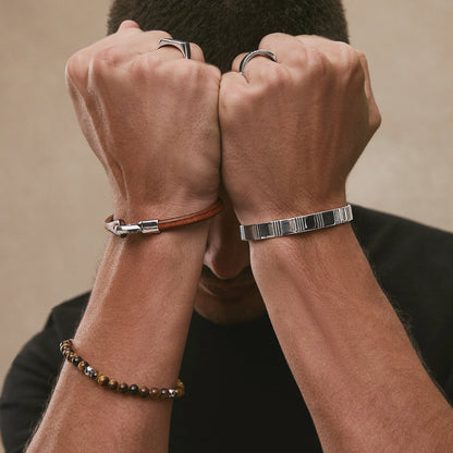 Men's Tan Leather Bracelet, Steel Clasp