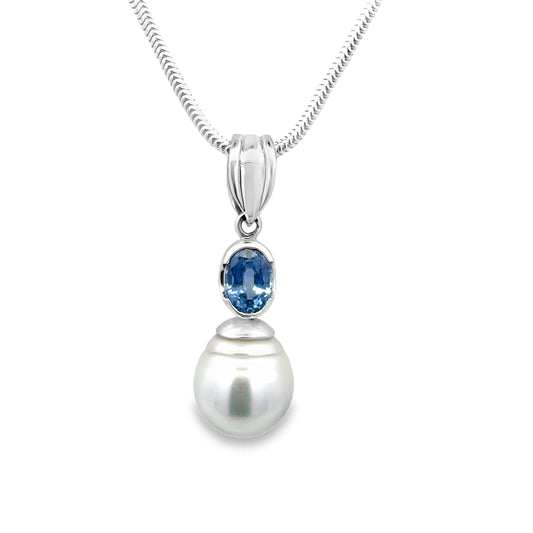 18ct White Gold South Sea Pearl with Ceylon Sapphire Pendant Necklace