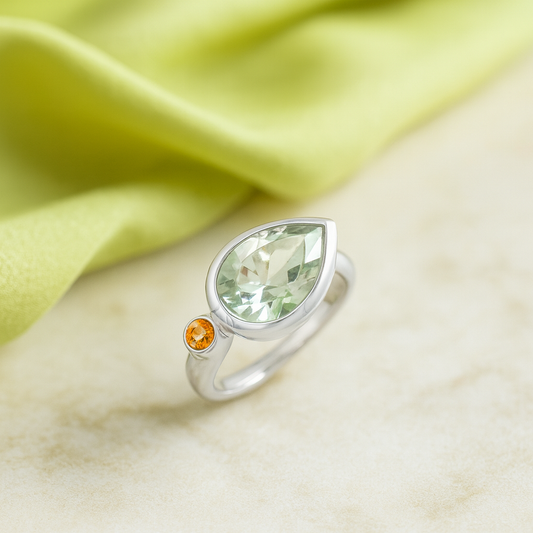 Sterling Silver Green Amethyst and Citrine Ring