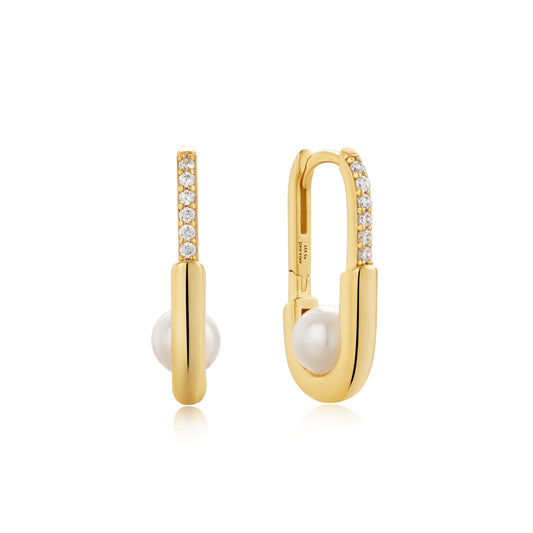 Zoom Gold Pearl Interlock Oval Hoop Earrings