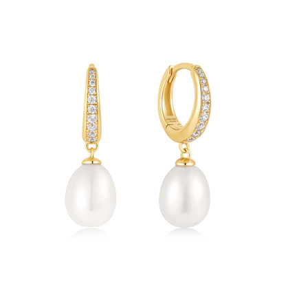 Zoom Gold Freshwater Pearl and White Cubic Zirconia Pave Drop Huggies