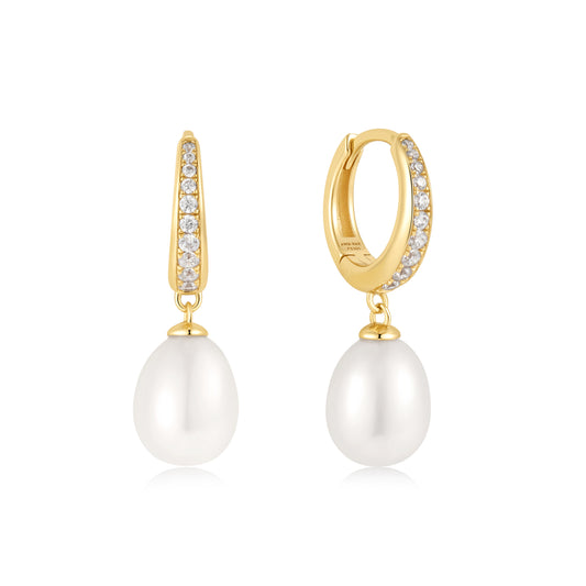 Zoom Gold Freshwater Pearl and White Cubic Zirconia Pave Drop Huggies