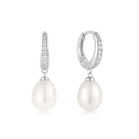 Stering Silver Pearl and Cubic Zirconia Drop Huggies