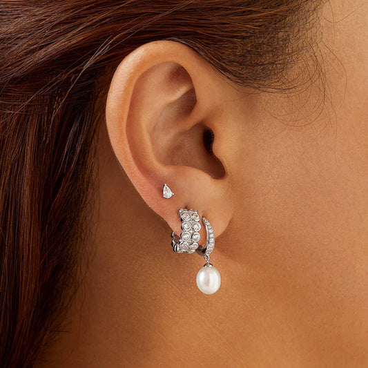 Stering Silver Pearl and Cubic Zirconia Drop Huggies