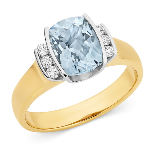 9ct Two Tone Aquamarine and Diamond Ring