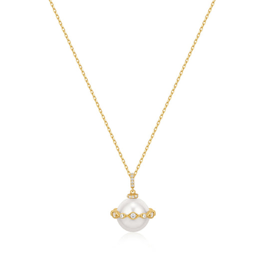 Gold Luna CZ and Pearl Necklace