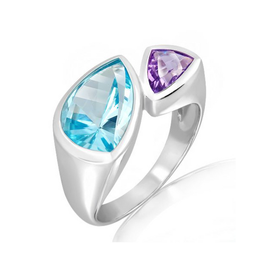 Silver Ring With Blue Topaz + Amethyst