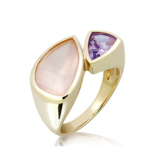 9k Yellow Gold Ring With Rose Quartz + Amethyst