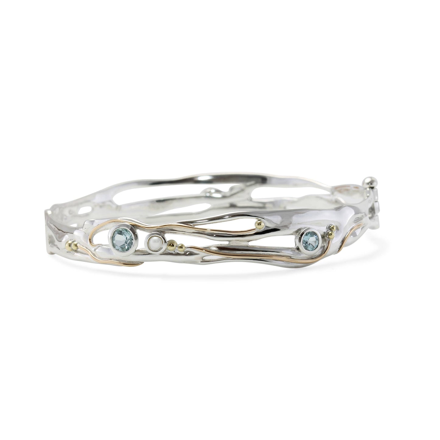 Handmade Sterling Silver Blue Topaz and Pearl Hinged Bangle