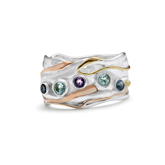 Handmade Blue Topaz, Iolite and Amethyst Statement Ring