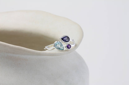 Handmade Blue Topaz Iolite and Amethyst Sterling Silver Ring
