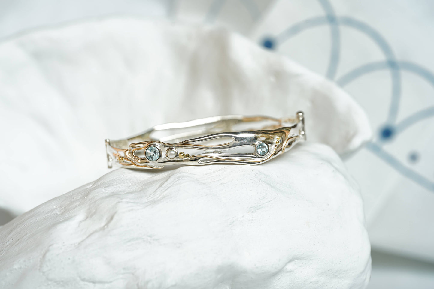 Handmade Sterling Silver Blue Topaz and Pearl Hinged Bangle