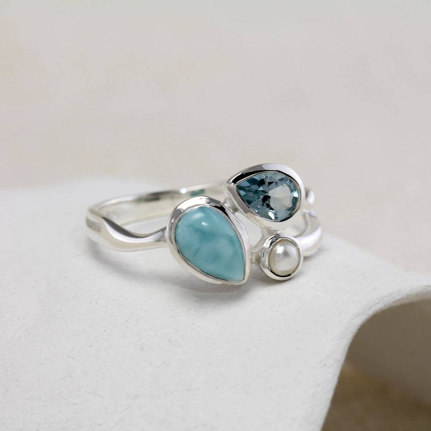 Larimar, Blue Topaz and Freshwater Pearl Trio Ring