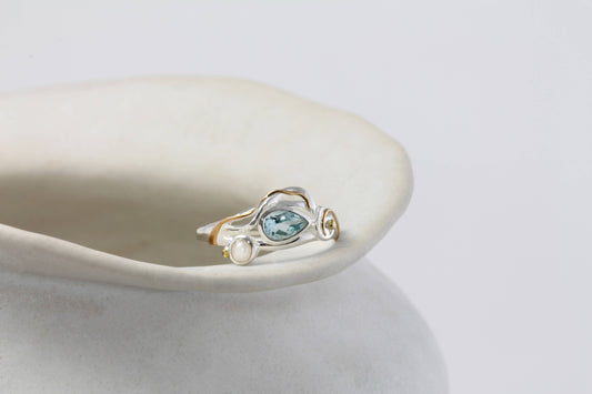 Handmade Sterling Silver Ring with Blue Topaz and Pearl