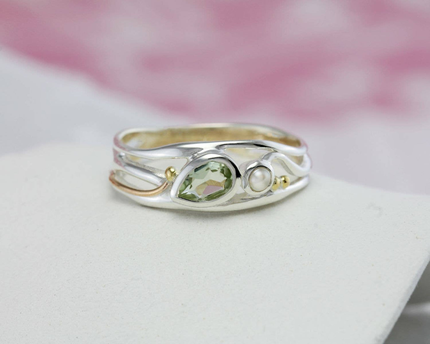 Teardrop Green Amethyst and Pearl Silver Ring