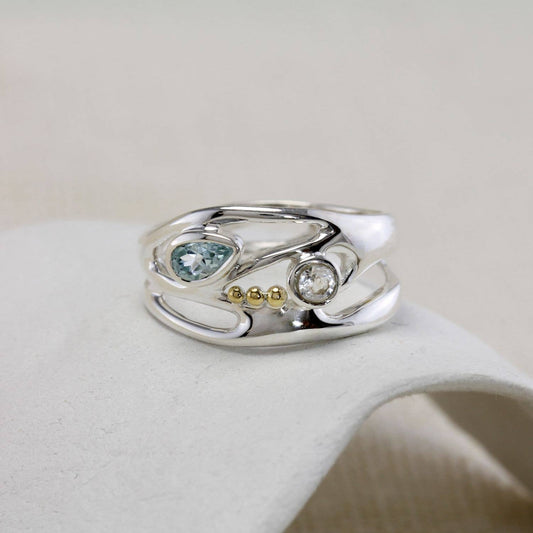 Blue and White Topaz Silver Ring