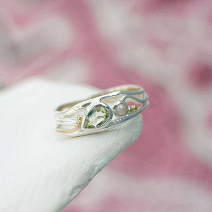 Teardrop Green Amethyst and Pearl Silver Ring