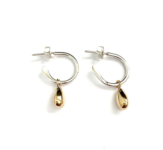 Silver Round Stud with Puffy Brass Drop Earrings